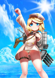 Rule 34 | 1girl, anchor, aoiroenogu, arm up, beret, blonde hair, blue eyes, blue sky, blush stickers, bottomless, buttons, cannon, clenched hand, closed mouth, cloud, cloudy sky, collar, cowboy shot, day, double-breasted, gluteal fold, hat, highres, holster, jacket, long sleeves, looking at viewer, machinery, ocean, outdoors, panties, pantyshot, sky, smile, smokestack, solo, striped clothes, striped panties, sun, swept bangs, thigh strap, torpedo, turret, underwear, warship girls r, water, white hat, white jacket, z16 friedrich eckoldt (warship girls r)