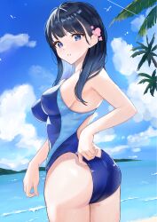 Rule 34 | 1girl, adjusting clothes, adjusting swimsuit, ass, beach, black hair, blue eyes, blue one-piece swimsuit, blue sky, blunt bangs, breasts, cloud, competition swimsuit, cowboy shot, day, highres, horizon, long hair, looking at viewer, looking back, medium breasts, mountainous horizon, nobita (nbnobita), ocean, one-piece swimsuit, original, outdoors, palm tree, sky, solo, swimsuit, tree, two-tone swimsuit