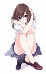 Rule 34 | 1girl, ankle socks, black socks, blue eyes, brown footwear, cover, cover page, crossed ankles, dorsiflexion, eyelashes, feet, full body, grey skirt, hand in own hair, hands in opposite sleeves, head tilt, highres, knees up, loafers, long sleeves, looking at viewer, messy hair, miniskirt, novel cover, official art, onigiri stabber, panties, pantyshot, parted lips, shadow, shirt, shoe dangle, shoe soles, shoes, simple background, sitting, skirt, sleeves rolled up, smile, socks, solo, textless version, umiko (munemiu), underwear, upskirt, white background, white panties, white shirt