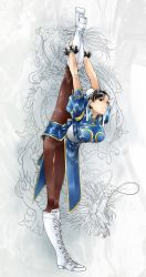 Rule 34 | 1girl, absurdres, black hair, boots, bracelet, breasts, brown eyes, brown pantyhose, bun cover, cai-man, capcom, china dress, chinese clothes, chun-li, cross-laced footwear, double bun, dress, earrings, female focus, flexible, full body, hair bun, highres, jewelry, knee boots, lace-up boots, large breasts, leg lift, pantyhose, pelvic curtain, sash, short hair, solo, spiked bracelet, spikes, standing, standing on one leg, street fighter, white footwear
