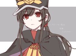 Rule 34 | 1boy, cape, closed mouth, expressionless, facing viewer, family crest, fate/grand order, fate (series), grey background, hair between eyes, hat, highres, low ponytail, oda nobukatsu (fate), oda uri, ponytail, portrait, red eyes, red shirt, shako cap, shirt, sidelocks, simple background, solo, trap, yui (tamagohan)
