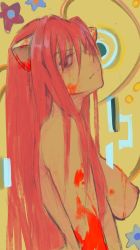 Rule 34 | 1girl, blood, blood on face, blood splatter, breasts, cenketsu, elfen lied, hair over one eye, highres, horns, looking at viewer, lucy (elfen lied), nipples, nude, red eyes, red hair, sideboob, solo, yellow background