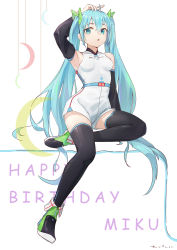 Rule 34 | 1girl, absurdres, ahoge, aqua eyes, aqua hair, arm up, armpits, artist name, black sleeves, black thighhighs, breasts, character name, dated, detached sleeves, full body, hair between eyes, hand on own head, happy birthday, hatsune miku, highres, kivb, long hair, medium breasts, sidelocks, sitting, solo, thighhighs, twintails, very long hair, vocaloid, white background