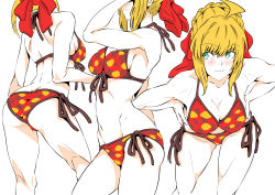 Rule 34 | 1girl, absurdres, ahoge, ass, bikini, bikini bridge, blonde hair, blush, bow, braid, breasts, cleavage, contrapposto, dimples of venus, fate/grand order, fate (series), french braid, from behind, green eyes, groin, hair bow, hand in own hair, hands on own hips, head out of frame, highres, kimuwaipu, leaning forward, looking to the side, medium breasts, multiple views, navel, nero claudius (fate), nero claudius (fate) (all), polka dot, polka dot bikini, red bow, side-tie bikini bottom, sideboob, sidelocks, swimsuit, white background