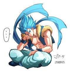 Rule 34 | ..., 1boy, 2019, abs, blue eyes, blue hair, clothes lift, crossed legs, dated, dragon ball, dragon ball super, dragon ball super broly, expressionless, fingernails, frown, full body, gogeta, hand on own cheek, hand on own face, hand rest, head rest, head tilt, highres, male focus, muscular, nipples, pants, pectorals, serious, shaded face, short hair, simple background, sitting, solo, speech bubble, spiked hair, stomach, super saiyan, super saiyan blue, topless male, v-shaped eyebrows, waistcoat, white background, white pants, wristband, yuki (yukirkgk33)