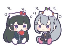 2girls :3 apple black_jacket blazer blue_eyes blush_stickers bow braid brown_sweater chibi closed_mouth corocorokuririn food fruit grey_skirt hair_ornament hairclip hello_kitty hello_kitty_(character) higuchi_kaede higuchi_kaede_(1st_costume) holding holding_food holding_fruit holding_microphone jacket long_hair microphone multiple_girls nijisanji open_clothes open_jacket pleated_skirt purple_eyes rebecca_(keinelove) red_bow sanrio simple_background sitting skirt sweater tsukino_mito tsukino_mito_(1st_costume) very_long_hair virtual_youtuber white_background