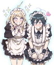 1boy 1girl ahoge akamatsu_kaede black_dress black_hair black_ribbon blush brown_eyes collared_dress cowboy_shot crossdressing danganronpa_(series) danganronpa_v3:_killing_harmony dress dress_tug fortissimo hair_between_eyes hair_ornament heart highres juliet_sleeves long_sleeves maid_headdress musical_note musical_note_hair_ornament neck_ribbon oteage own_hands_together pink_eyes puffy_short_sleeves puffy_sleeves ribbon saihara_shuichi short_hair short_sleeves sideways_glance smile sparkle sweat white_background wrist_cuffs