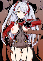 Rule 34 | 1girl, 2boys, :o, antenna hair, arm up, azur lane, bald, between breasts, black gloves, black panties, grabbing another&#039;s breast, breasts, breasts out, cleft of venus, clothed female nude male, covered navel, cross, dark-skinned male, dark skin, garter straps, gloves, grabbing, grey hair, hand on own hip, headgear, hetero, hidden face, high contrast, iron cross, long hair, long sleeves, medium breasts, military, military uniform, mole, mole on breast, multicolored hair, multiple boys, nipples, no pants, nude, orange eyes, panties, parted lips, partially visible vulva, prinz eugen (azur lane), red hair, solo focus, standing, streaked hair, swept bangs, thigh grab, thong, underwear, uniform, ushiro muki, very long hair, wedgie