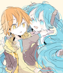 Rule 34 | 1boy, 1girl, :d, absurdres, ahoge, aqua necktie, blue eyes, blue hair, brown jacket, chibi, commentary request, detached sleeves, hair between eyes, hair ornament, hatsune miku, highres, hug, jacket, long hair, long sleeves, looking at another, necktie, open mouth, orange eyes, orange hair, project sekai, shinonome akito, shirt, simple background, sketch, sleeves past wrists, smile, twintails, upper body, very long hair, vocaloid, white shirt, xxxx saki, yellow shirt