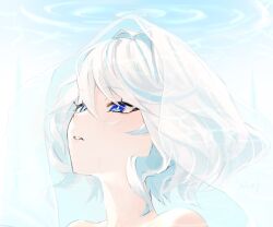 Rule 34 | 1girl, aqua eyes, artist name, bare shoulders, blue eyes, commentary, crying, drop-shaped pupils, from side, furina (genshin impact), genshin impact, hair between eyes, hair intakes, heterochromia, highres, looking to the side, looking up, mismatched pupils, parted lips, portrait, profile, short hair, signature, solo, symbol-only commentary, symbol-shaped pupils, tears, unishuri, veil, white hair