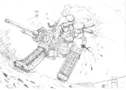 Rule 34 | 1girl, absurdres, amputee, arm cannon, bad id, bad pixiv id, battle, beret, blood, caterpillar tracks, cigarette, damaged, dexsini, greyscale, hair over one eye, hat, highres, long hair, mecha musume, military, military vehicle, monochrome, motor vehicle, shell casing, sketch, smoking, solo, tank, vehicle, weapon