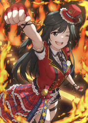 Rule 34 | 1girl, arm up, black hair, breasts, chase! (love live!), clenched hands, commentary, fingerless gloves, fire, gloves, grey eyes, hat, highres, long hair, looking at viewer, love live!, love live! nijigasaki high school idol club, medium breasts, morita49c, one eye closed, one side up, red gloves, smile, suspenders, upper body, yuki setsuna (love live!)