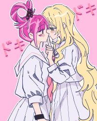 Rule 34 | 2girls, absurdres, blonde hair, blush, bow, celine (fire emblem), closed mouth, facial mark, finger to another&#039;s mouth, fire emblem, fire emblem engage, from side, green eyes, hair bow, hair ribbon, haruukano, heart, heart facial mark, highres, hortensia (fire emblem), index finger raised, long hair, long sleeves, looking at another, multiple girls, nintendo, pink background, pink eyes, pink hair, polka dot, polka dot bow, ribbon, shirt, short hair, skirt, very long hair, white shirt, white skirt, yuri
