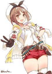 Rule 34 | 1girl, :d, atelier (series), atelier ryza, atelier ryza 1, bare shoulders, belt, belt buckle, beret, blue belt, blush, breasts, brown belt, brown eyes, brown gloves, brown hair, buckle, chabeya, cleavage, clothing cutout, collarbone, commentary request, fang, flask, gloves, hair ornament, hairclip, hand on own hip, hat, highres, hood, hood down, hooded jacket, jacket, leather, leather belt, leather gloves, long sleeves, looking at viewer, medium breasts, midriff peek, navel cutout, open clothes, open jacket, open mouth, pouch, red shorts, reisalin stout, round-bottom flask, shirt, short hair, short shorts, shorts, shoulder cutout, simple background, single glove, sleeveless, sleeveless jacket, smile, solo, standing, thigh pouch, thighhighs, thighs, twitter username, v, vial, white background, white hat, white shirt, white thighhighs, yellow jacket