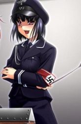 Rule 34 | 1girl, 2000s (style), aiguillette, armband, artist request, bad deviantart id, bad id, blush, character request, copyright request, cropped, crossed arms, game cg, hat, lowres, military, military uniform, nazi, necktie, open mouth, peaked cap, purple eyes, riding crop, short hair, swastika, uniform