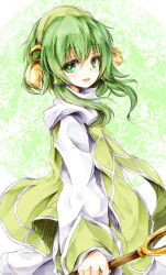 Rule 34 | 00s, 1boy, 1girl, :d, bad id, bad pixiv id, cloak, eyelashes, green eyes, green hair, hair ornament, hair tubes, happy, harapekopikachu, headphones, ion (tales), long sleeves, looking at viewer, male focus, matching hair/eyes, open mouth, outstretched arm, short hair, sidelocks, smile, solo, staff, tabard, tales of (series), tales of the abyss, wand