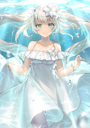 Rule 34 | 1girl, bare shoulders, blue eyes, bracelet, breasts, bubble, caustics, cleavage, closed mouth, collarbone, commentary request, dress, fate/grand order, fate (series), floating hair, flower, glint, grey hair, hair flower, hair ornament, hand up, hibiscus, jewelry, kagachi saku, light rays, long dress, long hair, looking at viewer, marie antoinette (fate), marie antoinette (fate/grand order), marie antoinette (swimsuit caster) (fate), marie antoinette (swimsuit caster) (second ascension) (fate), off-shoulder dress, off shoulder, sidelocks, signature, skirt hold, sleeveless, sleeveless dress, smile, solo, spaghetti strap, sunlight, twintails, underwater, white dress, white flower