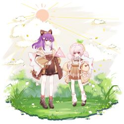 Rule 34 | 2girls, absurdres, animal ears, ankle boots, anqing, backpack, bag, bag charm, bcy, black footwear, boots, bow, bowtie, brown bow, brown bowtie, brown coat, brown dress, brown footwear, brown skirt, bug, butterfly, cat ears, charm (object), cloud, coat, cross-laced footwear, dress, faux figurine, flag, full body, grass, highres, holding, holding flag, insect, lace-up boots, long hair, loose socks, low twintails, mary janes, miao jiujiu, multiple girls, ponytail, purple hair, red eyes, ruan miemie, shoes, skirt, socks, standing, sun, sweater, tree, turtleneck, turtleneck sweater, twintails, white background, white bag, white butterfly, white hair, white socks, white sweater, yellow headwear
