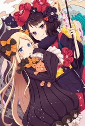 Rule 34 | 2girls, abigail williams (fate), absurdres, black bow, black dress, black hair, black hat, blonde hair, bloomers, blue eyes, blush, bow, bug, butterfly, calligraphy brush, closed mouth, commentary request, dress, dutch angle, fate/grand order, fate (series), fur collar, hair bow, hair ornament, hat, highres, holding, holding paintbrush, hugging object, insect, japanese clothes, jdkira0714, katsushika hokusai (fate), kimono, long hair, long sleeves, multiple girls, obi, octopus, orange bow, oversized object, paintbrush, parted bangs, parted lips, pixiv fate/grand order contest 2, polka dot, polka dot bow, purple eyes, purple kimono, sash, short hair, sleeves past fingers, sleeves past wrists, smile, stuffed animal, stuffed toy, suction cups, teddy bear, tentacles, underwear, v-shaped eyebrows, very long hair, waves, white bloomers, wide sleeves, yellow bow