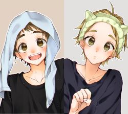 Rule 34 | 2boys, :d, ahoge, bangs pinned back, black shirt, blonde hair, blush, brown background, brown eyes, brown hair, collarbone, commentary request, ensemble stars!, face, highres, male focus, mashiro tomoya, multiple boys, open mouth, shirt, smile, tenma mitsuru, towel, towel on head, two-tone background, white background, yellow eyes, ystn0046