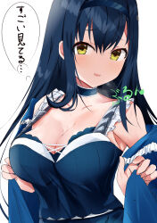 Rule 34 | 1girl, absurdres, aroused, black dress, black hair, black hairband, blue capelet, blush, breasts, capelet, cleavage, collarbone, commentary request, dress, eyelashes, frilled capelet, frilled dress, frills, furrowed brow, hair between eyes, hair over shoulder, hairband, highres, kushima kamome, large breasts, long hair, looking at viewer, off shoulder, open mouth, simple background, smile, solo, sound effects, straight hair, summer pockets, sweat, thought bubble, translated, upper body, visible air, white background, yellow eyes, zenoo