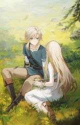 Rule 34 | 1boy, 1girl, blonde hair, blue eyes, blue tunic, boots, breasts, brown footwear, closed mouth, day, dress, grass, hair between eyes, hetero, highres, holding, leaf, link, long hair, mada (shizhou), nintendo, outdoors, pants, pointy ears, princess zelda, rock, sandals, sitting, sleeveless, sleeveless dress, the legend of zelda, the legend of zelda: breath of the wild, tunic, very long hair, white dress