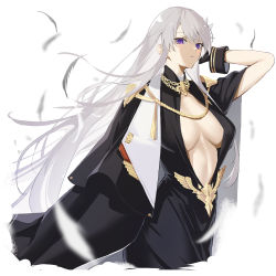 Rule 34 | 1girl, azur lane, breasts, clothing request, enterprise (azur lane), enterprise (heroic finery) (azur lane), hand in own hair, highres, large breasts, long hair, looking at viewer, marumai, official alternate costume, open clothes, plunging neckline, purple eyes, solo, very long hair, white background, white hair