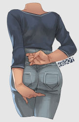 Rule 34 | 1girl, alternate costume, arms behind back, ass, blue shirt, denim, ergot, from behind, fubuki (kancolle), grey background, grey pants, head out of frame, highres, jeans, kantai collection, pants, pocket, shirt, signature, simple background, solo