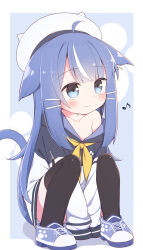 Rule 34 | 1girl, ahoge, animal ear fluff, animal ears, animal hat, ayanepuna, beret, between legs, black thighhighs, blue background, blue eyes, blue footwear, blue hair, blush, cat ears, cat girl, cat tail, closed mouth, collarbone, commentary request, eighth note, fake animal ears, hair ornament, hairclip, hand between legs, hat, highres, hood, hood down, hoodie, long hair, long sleeves, multicolored hair, musical note, neckerchief, nia (ayanepuna), off shoulder, original, shoes, sleeves past fingers, sleeves past wrists, smile, solo, squatting, streaked hair, tail, thighhighs, two-tone background, very long hair, white background, white hair, white hat, white hoodie, yellow neckerchief
