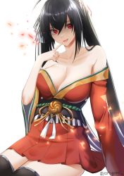 Rule 34 | 1girl, ahoge, asymmetrical breasts, azur lane, bare shoulders, black hair, black thighhighs, breasts, cleavage, collarbone, crossed bangs, dress, hair between eyes, hair ornament, hair ribbon, highres, japanese clothes, kimono, large breasts, long hair, looking at viewer, off shoulder, open mouth, red dress, red eyes, red kimono, red ribbon, ribbon, simple background, solo, taihou (azur lane), thighhighs, white background, yorugami rei