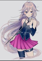 Rule 34 | 1girl, ahoge, asymmetrical legwear, bare shoulders, beige background, black neckwear, black shirt, black thighhighs, blush, braid, breasts, character name, choker, cowboy shot, cropped legs, detached sleeves, grey background, hair between eyes, highres, holding, holding microphone, ia (vocaloid), leaning to the side, letterboxed, lips, long hair, looking at viewer, low-tied long hair, microphone, microphone stand, miniskirt, mismatched legwear, p2 (uxjzz), parted lips, pink skirt, pleated skirt, purple eyes, shirt, silver hair, single thighhigh, sketch, skirt, small breasts, solo, spaghetti strap, tank top, thigh strap, thighhighs, twin braids, very long hair, vocaloid