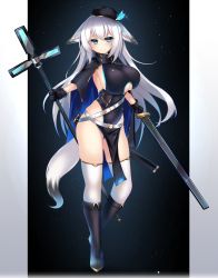 Rule 34 | 1girl, animal ears, belt, black footwear, black gloves, blue eyes, blush, boots, border, breasts, cloak, eyes visible through hair, fox ears, fox tail, full body, gloves, hat, highres, holding, holding sword, holding weapon, kutan, large breasts, leotard, long hair, looking at viewer, pelvic curtain, pixiv fantasia, pixiv fantasia last saga, silver hair, simple background, smile, solo, sword, tail, thighhighs, underboob, weapon, white border, white thighhighs