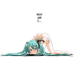 Rule 34 | 1girl, aqua hair, ass, barefoot, bdsm, blue eyes, blush, bondage, bound, female focus, hard-translated, hatsune miku, himura kiseki, long hair, nude, simple background, solo, third-party edit, top-down bottom-up, translated, twintails, very long hair, vocaloid, white background
