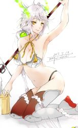 Rule 34 | 10s, 1girl, absurdres, adapted costume, antlers, arm up, armpits, black panties, braid, breasts, brown thighhighs, cloud print, dated, hair ornament, highres, horns, kantai collection, lips, long hair, looking at viewer, magai akashi, midriff, off shoulder, panties, revealing clothes, shikigami, simple background, single braid, sitting, smile, solo, staff, thighhighs, underwear, unryuu (kancolle), very long hair, white background, yellow eyes