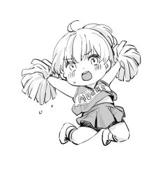Rule 34 | 1boy, ahoge, blush, cheerleader, chibi, commentary request, fate/grand order, fate (series), furrowed brow, greyscale, highres, in air, male focus, medium hair, midair, midriff, midriff peek, monochrome, oberon (fate), open mouth, pom pom (cheerleading), ponytail, sausu hitori, shoes, short ponytail, shorts, sleeveless, socks, solo, striped clothes, striped socks, sweat, sweatdrop, tagme, teeth, upper teeth only