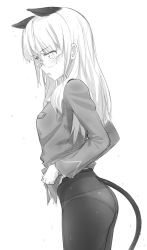 Rule 34 | 1girl, absurdres, animal ears, blush, breast press, cat ears, cat tail, content rating, cowboy shot, fankupl, from side, greyscale, highres, long hair, long sleeves, monochrome, open mouth, panties, panties under pantyhose, pantyhose, perrine h. clostermann, profile, semi-rimless eyewear, solo, strike witches, tail, under-rim eyewear, underwear, wet, white background, white panties, world witches series