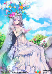 Rule 34 | branch, breasts, choker, cloud, cloudy sky, copyright name, day, dress, flower, gown, head wreath, highres, kanola u, large breasts, long hair, magic, navel, plant on head, purple eyes, qurare magic library, rock, silver hair, sitting, sky, smile, solo, very long hair, watermark, wrist cuffs