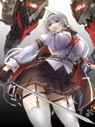 Rule 34 | 1girl, azur lane, black cape, black gloves, black hairband, black panties, black skirt, blue eyes, breasts, buttons, cape, cross, cross earrings, double-breasted, earrings, from below, garter straps, genshi usagi, gloves, gradient background, grey background, hairband, half gloves, highres, holding, holding sword, holding weapon, iron cross, jacket, jewelry, mainz (azur lane), medium breasts, miniskirt, non-humanoid robot, panties, pleated skirt, red cape, rigging, robot, robot animal, sheath, skirt, solo, sword, thigh strap, thighhighs, thighs, turret, two-tone cape, underwear, unsheathed, weapon, white hair, white jacket, white thighhighs