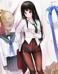 Rule 34 | 1girl, black hair, blush, breasts, brown pantyhose, chitanda eru, closed mouth, clothes hanger, collared shirt, commentary request, covered navel, crotch seam, dress shirt, dutch angle, feet out of frame, flying sweatdrops, green necktie, hand up, hat, highres, holding, holding clothes, hyouka, indoors, long hair, long sleeves, looking at viewer, loose necktie, medium breasts, mery (yangmalgage), necktie, panties, panties under pantyhose, pantyhose, purple eyes, school uniform, see-through, see-through legwear, serafuku, shiny clothes, shiny pantyhose, shirt, solo, standing, sweatdrop, thighband pantyhose, thighs, torn clothes, torn pantyhose, underwear, undressing, white panties, white shirt