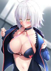 Rule 34 | 1girl, ahoge, bikini, bikini top only, black dress, blurry, blurry background, breasts, choker, coat, dress, fate/grand order, fate (series), fur collar, fur trim, grey background, heart, heart o-ring, heart ring top, highres, jeanne d&#039;arc (fate), jeanne d&#039;arc alter (fate), jeanne d&#039;arc alter (ver. shinjuku 1999) (fate), large breasts, light rays, navel, open clothes, open coat, open dress, parted lips, short hair, silver hair, solo, swimsuit, takeyuu, tsurime, wicked dragon witch ver. shinjuku 1999, window, yellow eyes