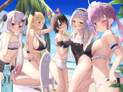 Rule 34 | 5girls, :d, :o, :t, ;), animal ear hairband, animal ears, apron, arm garter, bare arms, bare legs, bare shoulders, beach, bikini, bikini skirt, black bikini, black one-piece swimsuit, black skirt, black tail, blonde hair, blue sky, blunt bangs, blush, bottle, breasts, brown hair, bun cover, cat ear hairband, cat ears, chair, cleavage, clenched hand, commentary request, day, demon horns, demon tail, double bun, drink, fake animal ears, frilled apron, frilled bikini, frilled garter, frilled hairband, frilled skirt, frills, from side, glass, green eyes, grey hair, hair bun, hairband, halterneck, hand up, highleg, highleg swimsuit, highres, holding, holding tray, hololive, horns, kneeling, large breasts, leaf, leg up, long hair, looking at another, looking at viewer, maid, maid bikini, maid headdress, maid one-piece swimsuit, medium breasts, minato aqua, miniskirt, multicolored hair, multiple girls, murasaki shion, nakiri ayame, navel, ocean, one-piece swimsuit, one eye closed, oozora subaru, open mouth, outdoors, palm tree, parted lips, pink eyes, pointy ears, pout, ramune, red hair, saki (saki paint), see-through, short hair, sideboob, sidelocks, skin-covered horns, skirt, sky, small breasts, smile, standing, standing on one leg, strap gap, streaked hair, string bikini, swimsuit, tail, thighs, tray, tree, unconventional maid, unworn hairband, virtual youtuber, waist apron, white hair, yellow eyes, yuzuki choco
