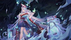 Rule 34 | 1girl, aoandon, blue eyes, blue fire, blush, breasts, bug, butterfly, choker, cleavage, criin (659503), fire, highres, insect, japanese clothes, kimono, large breasts, long hair, looking at viewer, onmyoji, smile, solo, thighs, very long hair, white hair