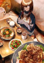 Rule 34 | 1girl, absurdres, backpack, bag, bed, blazer, blue eyes, bowl, brown hair, chicken (food), chopstick rest, chopsticks, chromatic aberration, coffee, coffee mug, commentary, crossed bangs, cup, food, gauze, hair between eyes, hair over one eye, hair ribbon, highres, hotpot, indoors, jacket, karaage, kuga huna, lens flare, light particles, long hair, looking at viewer, looking up, low twintails, miso soup, mitsuki (fuuna), mug, open mouth, original, parted bangs, pov, pov hands, power strip, ribbon, rice, rice bowl, salad, sitting, sitting on pillow, sleeves past fingers, sleeves past wrists, solo focus, swept bangs, table, trash can, twintails, wide-eyed, wooden table