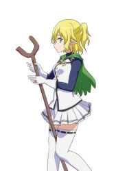 Rule 34 | 1girl, alternate costume, blonde hair, capelet, cato (monocatienus), commentary request, cosplay, gloves, green capelet, green eyes, jewelry, knees together feet apart, mare bello fiore, mare bello fiore (cosplay), mizuhashi parsee, overlord (maruyama), pleated skirt, profile, ribbon-trimmed legwear, ribbon trim, ring, short ponytail, simple background, skirt, solo, staff, thighhighs, touhou, white background, white gloves, white skirt, white thighhighs, zettai ryouiki