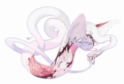 Rule 34 | absurdres, angel wings, animal, biting, biting own tail, blood, bloody wings, full body, guro, halo, highres, kamikiririp, no humans, original, self-harm, snake, solo, tail, tail biting, white background, white scales, wings