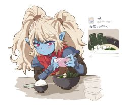 Rule 34 | 1girl, :o, blonde hair, blue skin, bowl, cellphone, colored skin, food, hands up, highres, hiyari (hiyarilol), holding, holding phone, iphone, league of legends, long sleeves, noodles, phone, pointy ears, poppy (league of legends), ramen, red scarf, rice, scarf, smartphone, solo, taking picture, translation request, twintails, twitter, yordle