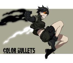 Rule 34 | 1girl, belt, bike shorts, black footwear, black hair, boots, clenched teeth, color bullets, copyright name, danielle redford (kamezaemon), fire, gloves, highres, jacket, jumping, kamezaemon, military jacket, original, pouch, short hair, shorts, simple background, solo, teeth