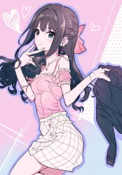 Rule 34 | 1girl, bare shoulders, black hair, bloom into me15, blouse, bow, bracelet, casual, closed mouth, earrings, green eyes, hair bow, heart, highres, idolmaster, idolmaster cinderella girls, jacket, jewelry, looking at viewer, necklace, pink shirt, shibuya rin, shirt, skirt, smile, solo, unworn jacket, v over mouth