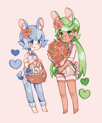 Rule 34 | 2girls, :o, :q, alternate costume, basket, blue eyes, blue hair, blush stickers, bouquet, bright pupils, buttons, catsubun (kkst0904), closed mouth, commentary, creatures (company), dark-skinned female, dark skin, egg, flower, game freak, green eyes, green hair, grey overalls, heart, holding, lana (pokemon), long hair, mallow (pokemon), multiple girls, nintendo, overall shorts, overalls, pants, pink flower, pokemon, pokemon (anime), pokemon sm (anime), shirt, short hair, smile, standing, swept bangs, tongue, tongue out, twintails, white pupils