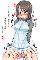 Rule 34 | 1boy, 1girl, blush, breasts, brown eyes, brown hair, cameltoe, cleft of venus, female focus, fingering, fingering through clothes, girls und panzer, keizoku military uniform, mika (girls und panzer), muchabou, open mouth, peeing, sweat, swimsuit, swimsuit under clothes, through clothes, translated